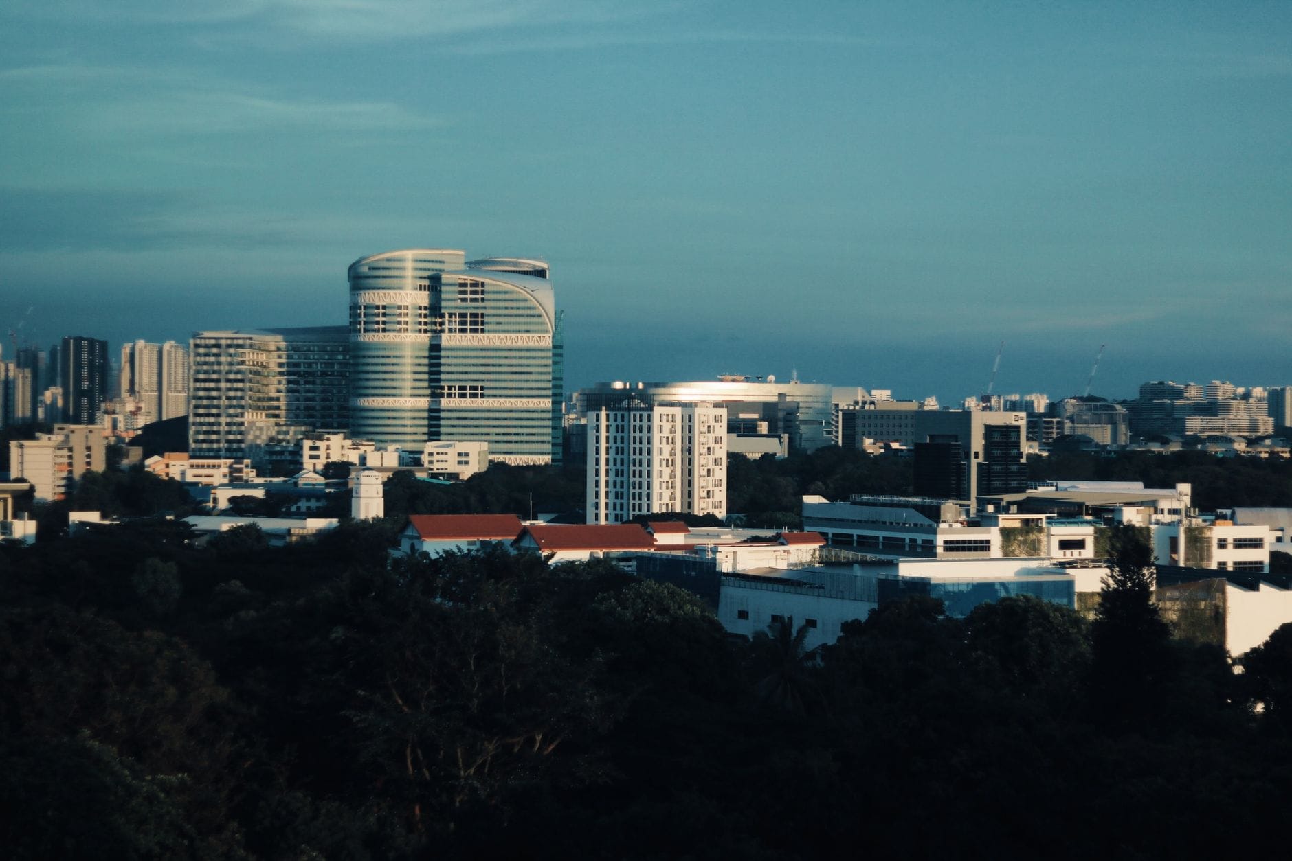 Panorama Singapuru z nowoczesnymi wieżowcami na tle błękitnego nieba